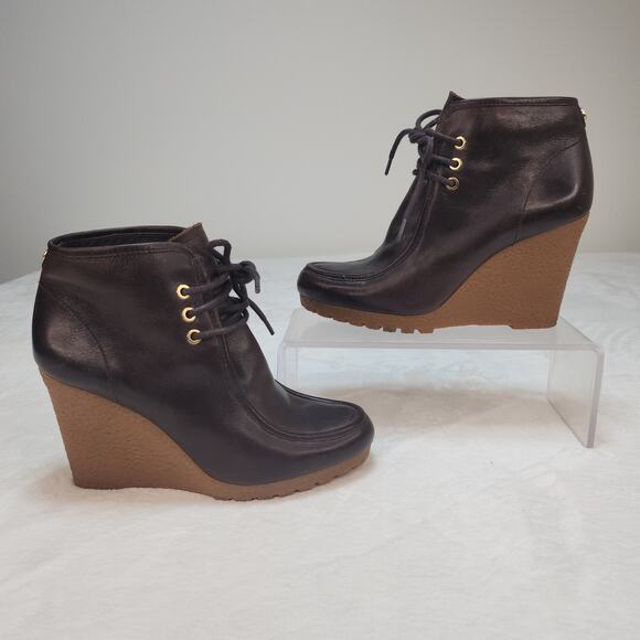 Michael Kors Boots 6.5 Wedges Ankle Brown Leather Lace Up Dark Academia Moc Toe - Picture 2 of 15